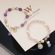 粉晶紫晶手链女 淡水珍珠锆石可调节弹性复古ins设计甜美手串