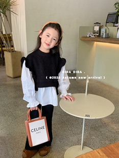 韩版儿童上衣23秋冬洋气女童假两件毛衣拼接纯棉长袖衬衫