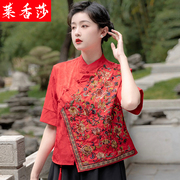 民族风女装刺绣唐装中式盘扣上衣夏季中国风改良旗袍套装复古茶服