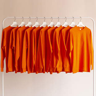 秋季橙色橘色重磅纯棉打底衫，圆领上衣bf风长袖t恤男女宽松潮