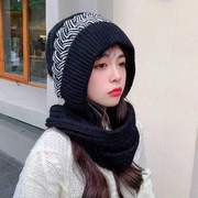 韩版冬季针织针织毛线帽子围巾一体加绒加厚纯色保暖护耳帽女