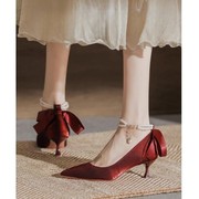 一字扣单鞋女红色高跟鞋，婚鞋新娘鞋2024中式订婚礼服细跟玛丽珍鞋