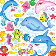 卡通海洋贴纸化妆室装饰海豚贴画防水游泳馆儿童房可爱动漫简约