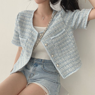 韩国chic春季温柔奶蓝色圆领撞色格纹设计小香风粗纺短袖外套女