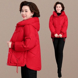 2023冬季中年女士红色棉衣外套中老年人妈妈加厚棉袄羽绒棉服