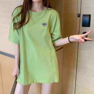 短袖t恤女纯棉100%加长版宽松遮肚子上衣百搭大码抖音孕妇装爆款