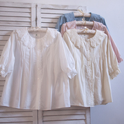 韩国森女娃娃衫刺绣花边娃娃，领短袖衬衣，白色上衣纯棉夏季女装
