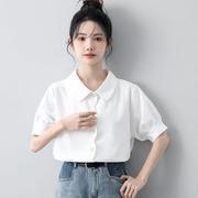 韩国2023夏季亚麻白色短袖，衬衫女设计感小众波浪边白衬衣上衣