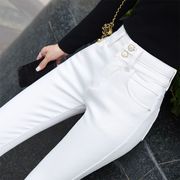 白色高牛仔裤女腰长裤，2024年春秋弹力，紧身显瘦显高小脚铅笔裤