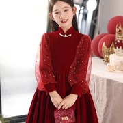 女童旗袍公主裙儿童礼服生日聚会主持人走秀演出服大童中国风红色