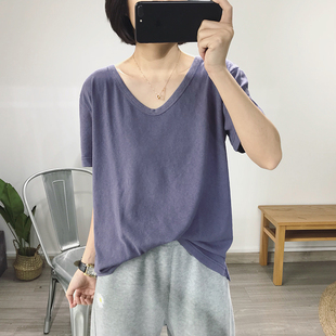 短袖t恤女紫色宽松v领2024年夏季韩版亚麻白色休闲上衣ins潮