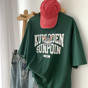 美式纯棉欧洲站墨绿色卡通字母印花短袖，t恤男夏季宽松复古半袖t恤