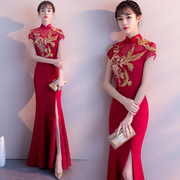 敬酒服旗袍2023秋季长款中式中国风，新娘结婚红色晚礼服女鱼尾