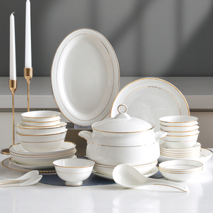 碗碟套装家用简约欧式金边陶瓷碗唐山骨瓷餐具，套装盘子碗可微波