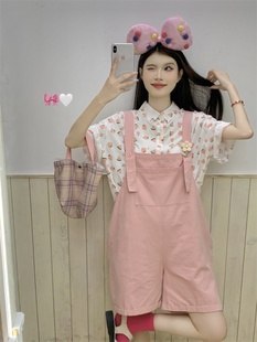 大码女装韩版时尚百搭两件套装夏季西瓜印花衬衣+粉色背带裤