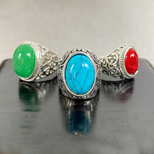 蒙古族元素戒指男女民族风指环，复古首饰仿松石大宝石金属合金戒指