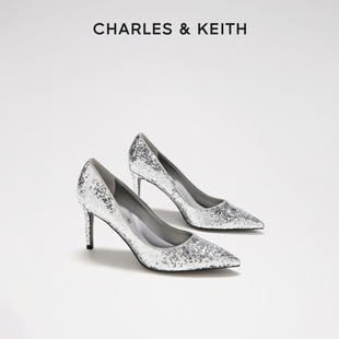 charles&keith春夏女鞋，ck1-60280245-4时尚亮片尖头高跟单鞋婚鞋
