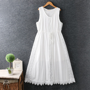 夏装女装甜美小清新水溶花边拼接白色长裙宽松背心连衣裙