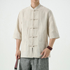 唐装男款中国风男装亚麻衬衫外套，七分袖盘扣，衬衣中式棉麻料上衣夏