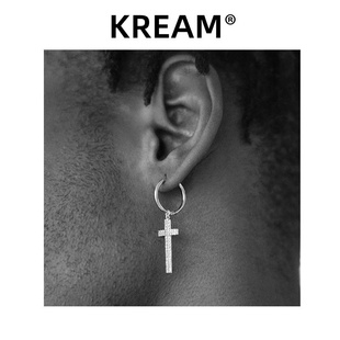 kreams925纯银圆环十字形耳钉，镶锆石欧美潮耳环，男嘻哈女同款耳饰