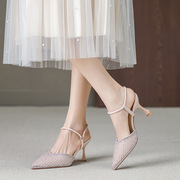 包头水钻粉色凉鞋，女春季尖头高跟鞋，细跟仙女风单鞋b868-es79