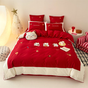 2024专版花型100s全棉四件套招财猫床上被罩搬家乔迁床品红色