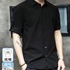 森马旗下适配纯棉男士衬衫，七分袖夏季薄款设计高级感黑色衬衣潮流