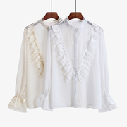 雪纺衫女2019春装蕾丝镂空立领洋气透视白色打底小衫长袖衬衣上衣