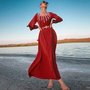 7057暗红色放射钻连衣裙带腰带中东女装长裙子阿拉伯连衣裙女
