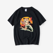 日系浮世绘猫武士创意和风T恤短袖青少年衣服女男圆领大码宽松夏