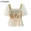 拉夏贝尔lachapelle法式镂空方，领衬衫女夏小个子泡泡袖小衫上衣