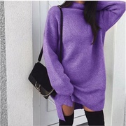 紫色高领毛衣女(毛衣女)宽松外穿秋冬慵懒风中长款套头针织衫上衣