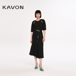 Kavon/卡汶醋酸混纺垂感轻奢高级率性飒爽立裁短袖解构A型小黑裙