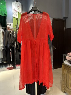 红色真丝外披外搭长款宽松版一粒扣可当防晒连衣裙褶皱真丝