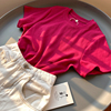 韩版修身玫红色t恤女短款短袖，体恤夏季圆领纯色，正肩高级感上衣服