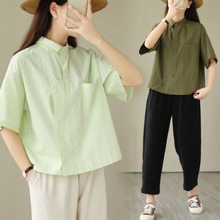 文艺宽松短袖棉质衬衫女夏2023大码不对称拼接设计感纯色衬衣