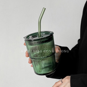 复古竖条纹玻璃杯ins风墨绿带盖吸管杯办公室家用喝水杯果汁杯子