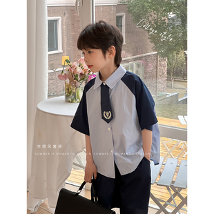 虾酱麻麻男童学院风衬衫套装夏季2024中大童短袖韩系儿童套装