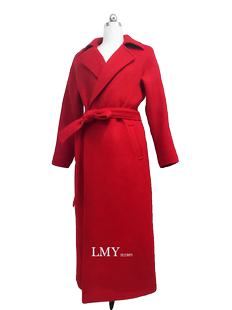 纯手工长款羊绒直筒口袋红色，通勤新娘大红婚礼，羊毛系带大衣女外套