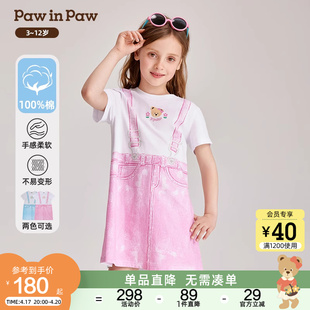 pawinpaw卡通小熊童装，24年夏季女童，纯棉休闲背带印染连衣裙