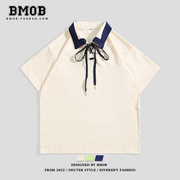 BMOB设计感系带撞色短袖polo衫男潮牌夏季港风宽松情侣半袖t恤衫