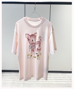 法式 23夏季可爱小鹿印花T恤 百搭时尚款圆领短袖粉色女上衣