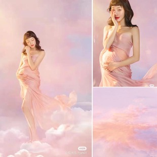天空背景影楼孕妇实景粉色天空，背景室内写真蓝色，天空照相喷绘布