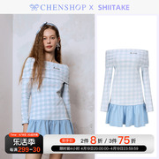 shiitake棋盘格毛巾布一字(布一字，)领露肩，长袖连衣裙chenshop设计师品牌