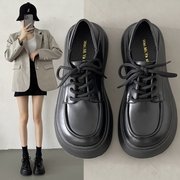 女厚底乐福鞋2024年秋季松糕鞋子，英伦风粗跟单鞋，jk黑色小皮鞋