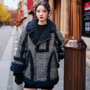 复古拼接圈圈羊羔毛短外套女冬季宽松显瘦加厚毛茸格子大衣