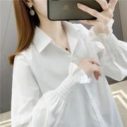 白色灯笼袖衬衫女宽松中长款韩版衬衣，2022春秋泡泡袖气质上衣