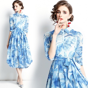 蓝色印花衬衫裙子，春季休闲气质女装，翻领系带雪纺连衣裙跨境
