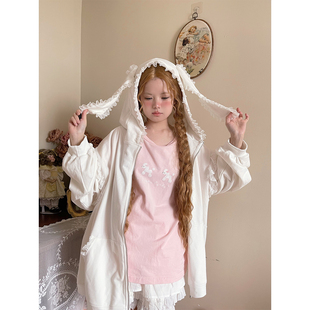 labeau-芭蕾兔-少女兔耳朵，蕾丝花边连帽卫衣，外套女2023秋装