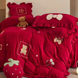 床上四件套婚庆牛奶绒小熊贴布绣珊瑚绒大红色秋冬季加厚新婚床品